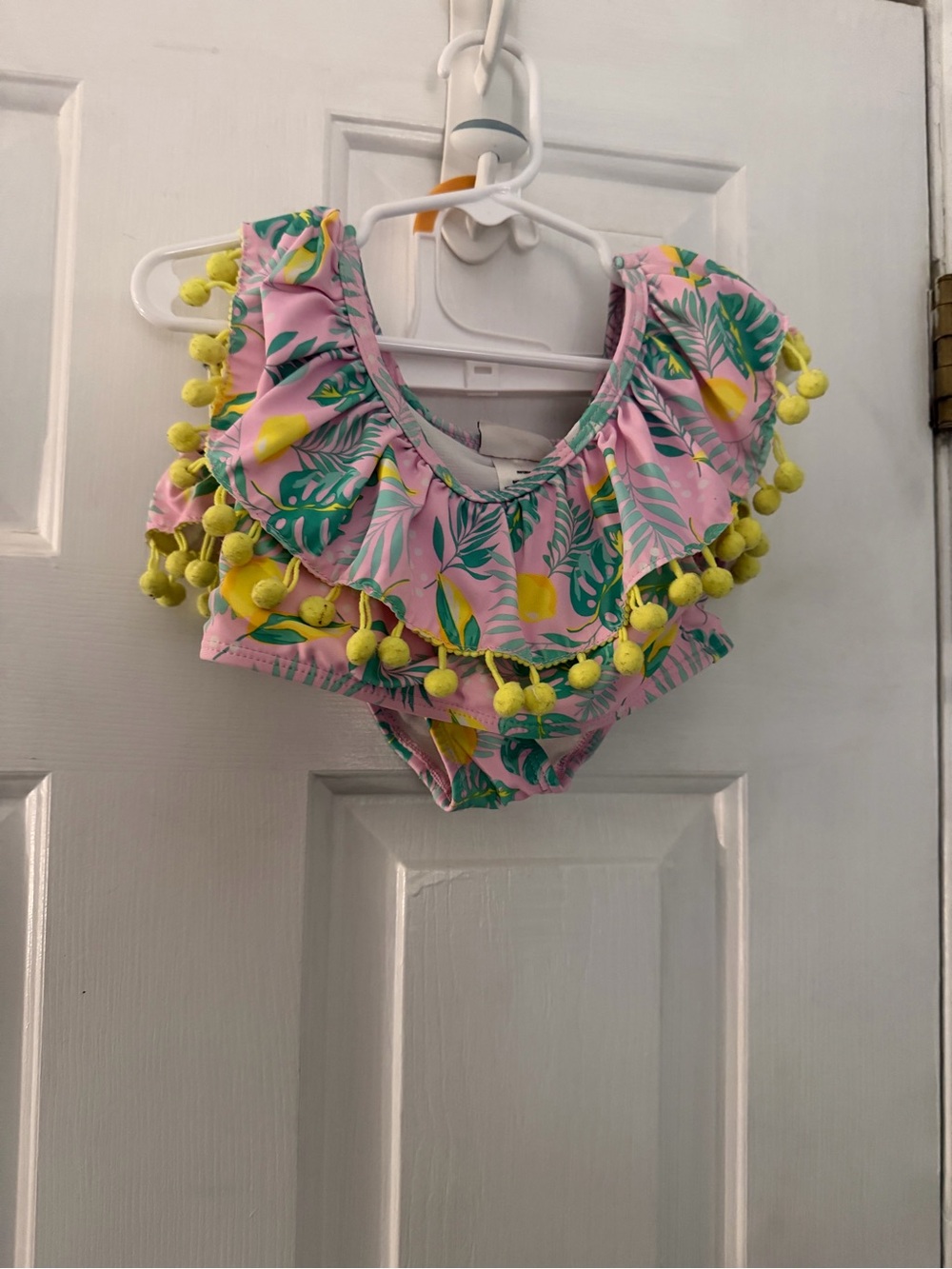 Nicole Miller Girls Size 6 Lemon Tropical Pom Pom Ruffle 2 Piece Swimsuit